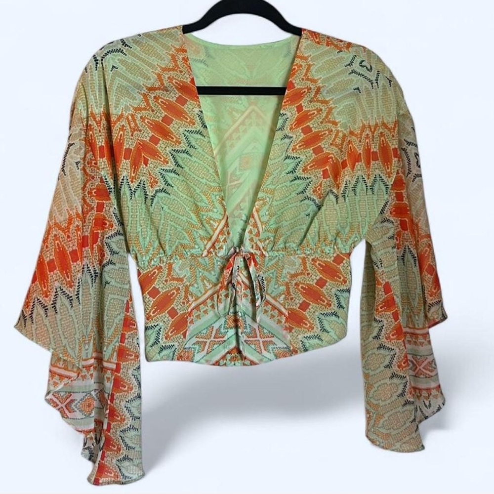 SOLD Tie-Front V-Neck Blouse in Light Green and Orange